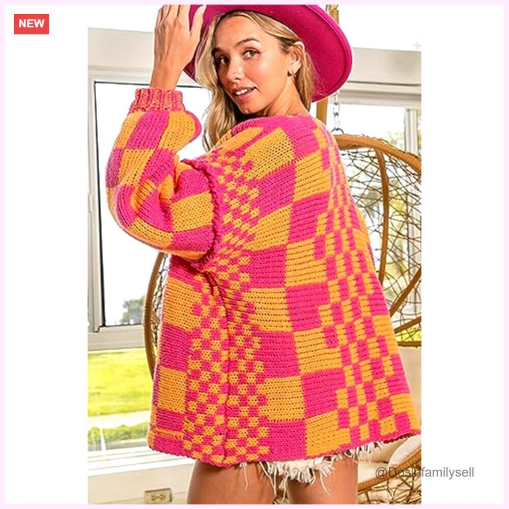 Chunky Knit Cardigan, Oversized Fit, Acrylic, Open Front, Plaid Pattern - Picture 3 of 7